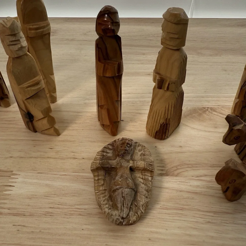 Primitive Folk Art Nativity Set Hand Carved Wood Unique Simple Rustic‎ Christmas